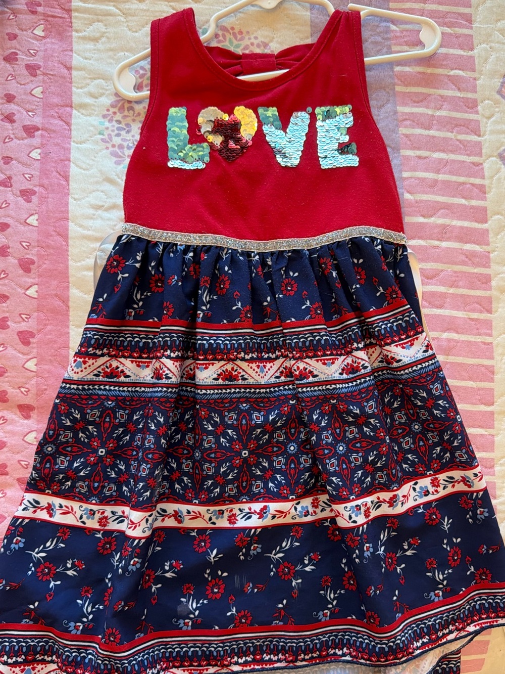 Red 'LOVE' Sequin Tank Top Navy Floral Skirt Dress